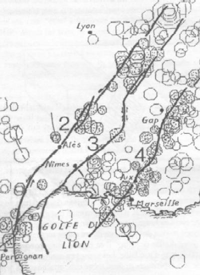 Répartition des séismes le long des failles des Cévennes (2), de Nîmes (3) et d'Aix-en-Provence
